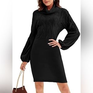 Women Winter Turtleneck Long Sleeve Solid Sweater Midi Pencil Dress Black